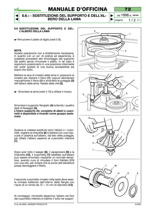 Page 476.6 SOSTITUZIONE DEL SUPPORTO E DEL-
L’ALBERO DELLA LAMA
Rimuovere il piatto di taglio [vedi 5.8].
NOTA
Questa operazione non è strettamente necessaria,
in quanto con un po di pratica ed esperienza, è
possibile procedere allo smontaggio del supporto
dal piatto senza rimuovere il piatto, in tal caso è
opportuno posizionarlo in una posizione intermedia
per poter godere di una buona accessibilità sia
sopra che sotto.
Mettere la leva di innesto della lama in posizione di
innesto per liberare il freno 
(1),...