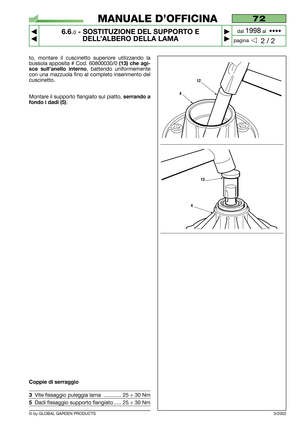 Page 48© by GLOBAL GARDEN PRODUCTS
72
6.6.0- SOSTITUZIONE DEL SUPPORTO E
DELL’ALBERO DELLA LAMA


2 / 2
MANUALE D’OFFICINA
paginadal 
1998al  ••••
3/2002
to, montare il cuscinetto superiore utilizzando la
bussola apposita # Cod. 60800030/0 
(13) che agi-
sce sull’anello interno
, battendo uniformemente
con una mazzuola fino al completo inserimento del
cuscinetto.
Montare il supporto flangiato sul piatto, 
serrando a
fondo i dadi (5)
. 
Coppie di serraggio
3Vite fissaggio puleggia lama  ............ 25 ÷...