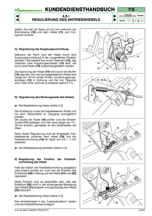 Page 19stellen, bis man ein Spiel von 0,5 mm zwischen der
Bremsbacke 
(10)und dem Hebel (11)zum Ent-
sperren erreicht.
C) Regulierung der Kupplungsvorrichtung
Während der Fahrt wird der Hebel durch eine
Kupplungsvorrichtung in der vorgewählten Position
gehalten. Sie besteht aus einem Segment 
(12), das
zwischen zwei Kupplungsscheiben 
(13)läuft, die
durch eine Feder 
(14) zusammengehalten werden.
Die Spannung der Feder 
(14)wird durch die Mutter
(15)reguliert, bis man bei losgelassenem Pedal eine
Länge von 18...