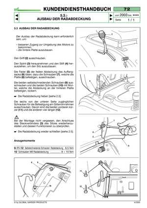 Page 315.3 AUSBAU DER RADABDECKUNG
Der Ausbau der Radabdeckung kann erforderlich
sein, um:
– besseren Zugang zur Umgebung des Motors zu
bekommen;
– die hintere Platte auszubauen.
Den Griff (2)ausschrauben.
Den Splint 
(3)herausnehmen und den Stift (4) her-
ausziehen, um den Sitz auszubauen.
Die Feder 
(5)der festen Abdeckung des Auffang-
sacks 
(6)lösen; dazu die Schrauben (7), welche die
Platte 
(8)befestigen, ausschrauben.
Die beiden selbstschneidenden Schrauben 
(9)aus-
schrauben und die beiden Schrauben...