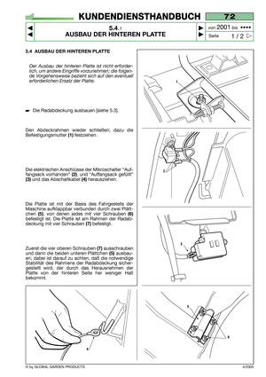 Page 325.4 AUSBAU DER HINTEREN PLATTE
Der Ausbau der hinteren Platte ist nicht erforder-
lich, um andere Eingriffe vorzunehmen; die folgen-
de Vorgehensweise bezieht sich auf den eventuell
erforderlichen Ersatz der Platte.
Die Radabdeckung ausbauen [siehe 5.3].
Den Abdeckrahmen wieder schließen; dazu die
Befestigungsmutter
(1)festziehen.
Die elektrischen Anschlüsse der Mikroschalter “Auf-
fangsack vorhanden”
(2), und “Auffangsack gefüllt”
(3)und das Abschaltkabel (4)herausziehen.
Die Platte ist mit der Basis...