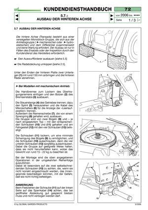 Page 375.7 AUSBAU DER HINTEREN ACHSE
Die hintere Achse (Transaxle) besteht aus einer
versiegelten Monoblock-Gruppe, die sich aus der
Antriebsgruppe ( 
➤ mechanischen oder  ➤ hydro-
statischen) und dem Differential zusammensetzt
und keine Wartung erfordert. Der Ausbau ist nur in
Fällen des Ersatzes oder der Inspektion durch den
Kundendienst des Herstellers erforderlich.
Den Auswurfförderer ausbauen [siehe 5.5]
Die Radabdeckung umkippen [siehe 2.5].
Unter den Enden der hinteren Platte zwei Unterla-
gen 
(1) mit...