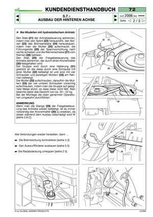 Page 38➤Bei Modellen mit hydrostatischem Antrieb:
Den Stab (21)der Antriebssteuerung abtrennen,
indem man den Splint 
(22)herauszieht, den Bol-
zen 
(23)des Bremsenstabs (24)herausbauen,
indem man die Mutter 
(25)aufschraubt; die
Führungsrolle 
(26)der Spannvorrichtung nach
rechts schieben und die Riemenscheibe 
(27)vom
Riemen 
(28)befreien.
Den Stab 
(29)der Freigabesteuerung des
Antriebs abtrennen, der durch einen Kronenhalter
(30)festgehalten wird.
Die Gruppe wird durch eine Halterung 
(31)
gestützt an die...