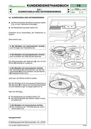 Page 456.4 AUSWECHSELN DES ANTRIEBSRIEMENS
Die Riemenscheibe des Motors ausbauen [siehe
5.6], um den Treibriemen freizulegen.
Die Radabdeckung heben [siehe 2.5].
Außerdem ist es zweckmäßig, den Treibriemen zu
lockern.
Dies erreicht man ...
➤Bei Modellen mit mechanischem Antrieb:
durch Einlegen der Feststellbremse 
➤Bei Modellen mit hydrostatischem Antrieb:
durch Aushaken der Feder (1)des Spanners 
Die Riemenscheibe des Spanners 
(2), der mit der
Mutter 
(3)befestigt ist, ausbauen.
➤Bei Modellen mit...