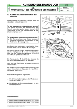 Page 466.5 AUSWECHSELN DES KEILRIEMENS DES
MESSERS
Das Mähwerk in die Position «1» bringen, damit die
obere Zone gut zugänglich wird.
➤Bei Modellen mit mechanischem Antrieb:
Die beiden Buchsen der Riemenführung (1)
soweit nach oben gleiten lassen, bis man den
Treibriemen 
(2)von der Riemenscheibe (3)der
Motorwelle lösen kann.
➤Bei Modellen mit hydrostatischem Antrieb: 
Die Riemenscheibe des Motors ausbauen
[siehe 5.6] oder soweit herausziehen, bis der
Treibriemen
(2) freigelegt wird.
Den Schalthebel des...