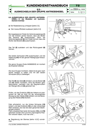 Page 516.9 AUSWECHSELN DER GRUPPE ANTRIEBS-
HEBEL
(➤bei Modellen mit hydrosta-
tischem Antrieb)
Die Radabdeckung umkippen [siehe 2.5].
Den Auswurfförderer ausbauen [siehe 5.5]
Bei losgelassenem Pedal die Verbindungsstange 
(1)
von der hinteren Achse trennen; dazu die Mutter
des Bolzens 
(2)ausschrauben. Dann die
Verbindungsstange 
(3) vom Pedal trennen; dazu die
Mutter des Bolzens 
(4) ausschrauben.
Das Teil 
(5)aushaken und das Rückzugsseil (6)
trennen.
Die beiden Schrauben 
(11)ausschrauben und die...