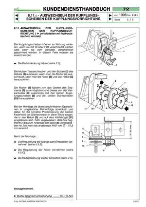 Page 546.11 AUSWECHSELN DER KUPPLUNGS-
SCHEIBEN DER KUPPLUNGSVOR-
RICHTUNG 
( ➤bei Modellen mit hydrosta-
tischem Antrieb)
Die Kupplungsscheiben können an Wirkung verlie-
ren, wenn sie mit Öl oder Fett verschmutzt werden
oder wenn sie vom Benutzer versehentlich
geschmiert werden. In diesem Falle müssen sie
ersetzt werden.
Die Radabdeckung heben [siehe 2.5].
Die Mutter 
(1)ausschrauben und den Bolzen (2)des
Hebels 
(3)ausbauen; wenn man die Mutter (4)aus-
schraubt, kann man die Feder 
(5)und den Hebel (3)...