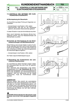 Page 627.6 KONTROLLE DES BETRIEBS DER ELEK-
TRONISCHEN STEUERKARTE
A) Stromspeisung der Steuerkarte
Zur Durchführung dieser Prüfung ist folgendes vor-
zubereiten:
–Zündschlüssel in die Position «EIN» stellen
–Steckverbinder CN2 
(1)von der Steuerkarte
getrennt, alle anderen Steckverbinder gesteckt
In dieser Situation muss die Kontrolllampe leuchten.
Wenn durch Verbinden des Steckers 
(1)die Kon-
trolllampe erlischt, sind die Masseanschlüsse der
Mikroschalter zu prüfen.
B) Kontrolle der Stromspeisung für die...