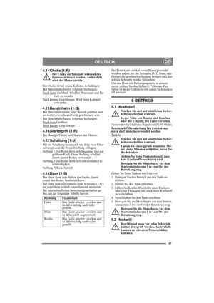 Page 3737
DEUTSCHDE
4.14 Choke (1:P)Der Choke darf niemals während des 
Fahrens aktiviert werden. Andernfalls 
wird der Motor zerstört.
Der Choke ist bei einem Kaltstart zu betätigen.
Der Benzinhahn besitzt folgende Stellungen:
Nach vorn:
 Geöffnet. Wird bei Warmstart und Be-
trieb verwendet.
Nach hinten
: Geschlossen. Wird beim Kaltstart 
verwendet.
4.15 Benzinhahn (1:Q)Der Benzinhahn muss beim Betrieb geöffnet und 
am nicht verwendetem Gerät geschlossen sein.
Der Benzinhahn besitzt folgende Stellungen:
Nach...