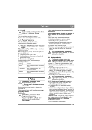 Page 9595
ČEŠTINACZ
4.12 SytièSytiè se nikdy nesmí zapnout za chodu. 
Došlo by k poškození motoru.
Viz uživatelskou pøíruèku k motoru.
Sytiè se musí zapnout pøi studeném startu.
4.13  Rukoje″ startéru
Viz uživatelskou pøíruèku k motoru.
Madlo sloužící ke spuštìní motoru.
4.14 Kluzná lišta k nastavení hloubky 
(1:G).
Kluzná lišta zajiš″uje stabilitu stroje a umožòuje 
tak kultivaci pùdy.
Kluzná lišta má tøi polohy. Nastavení výšky lze 
provést následovnì:
1. Odstraòte pojistný kolík (3:B).
2. Vytáhnìte kluznou...