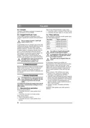 Page 6868
ITALIANO IT
5.4 ArrestoArrestare il dissodatore portando il comando del 
gas e di arresto (1:C) su STOP.
5.5 Suggerimenti per l’usoI rotori fanno avanzare la macchina. La loro 
velocità è regolata dal comando dell’acceleratore 
(1:A).
Non avvicinare le mani e i piedi agli 
organi rotanti (1:N).
La profondità di lavoro ottimale varia in base alle 
condizioni del terreno. Dipende dalla forza con cui 
il pattino di profondità viene spinto in basso 
durante la trazione. Azionare e fare delle prove.
I...