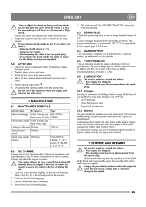 Page 4545
 ENGLISHEN
Always adjust the shoes so that gravel and stones 
are not fed into the snow thrower. There is a risk 
for personal injury if these are thrown out at high 
speed. 
Ensure the shoes are adjusted the same on both sides.
5. Adapt the speed so that the snow is thrown in an even 
stream.
If snow fastens in the chute do not try to remove it 
before: 
- Releasing both clutch levers. 
- Stopping the engine. 
- Disconnecting the cable from the spark plug. 
- Do not put your hand inside the chute or...
