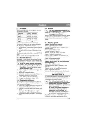 Page 6969
ITALIANO IT
7.3 CandelaLa candela si presenta secondo quanto riportato 
nella tabella seguente:
Sostituire la candela nei casi indicati di seguito. 
• Quando gli elettrodi sono bruciati.
• Se lisolamento di porcellana presenta segni di 
danni.
• Se risulta difficile avviare il dissodatore rota-
tivo.
La distanza tra gli elettrodi deve essere di 0,7-0,8 
mm.
Usare candele Champion QC12YC o simili.
7.4 Cambio dell’olioEffettuare il primo cambio di olio dopo 2 ore di 
funzionamento, quindi ogni 25 ore o...