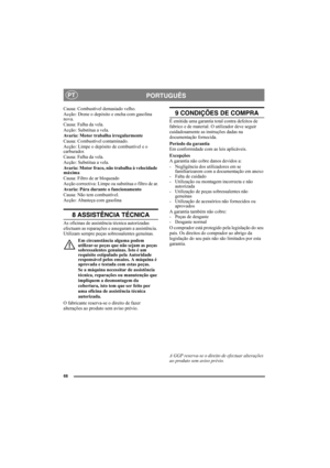 Page 6868
PORTUGUÊSPT
Causa: Combustível demasiado velho.
Acção: Drene o depósito e encha com gasolina 
nova.
Causa: Falha da vela.
Acção: Substitua a vela.
Avaria: Motor trabalha irregularmente
Causa: Combustível contaminado.
Acção: Limpe o depósito de combustível e o 
carburador.
Causa: Falha da vela.
Acção: Substitua a vela.
Avaria: Motor fraco, não trabalha à velocidade 
máxima
Causa: Filtro de ar bloqueado
Acção correctiva: Limpe ou substitua o filtro de ar.
Avaria: Pára durante o funcionamento
Causa: Não...