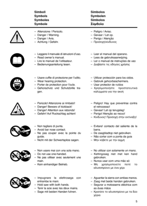 Page 5Simboli
Symbols
Symboles
SymboleSímbolos
Symbolen
Simbolos
™‡Ì‚ÔÏÔ
5
– Attenzione / Pericolo.
– Danger / Warning.
– Danger / Avis.
– Achtung / Gefahr.– Peligro / Aviso.
– Gevaar / Let op.
– Perigo / Atenção
–¶ÚÔÛÔ¯‹/Î›Ó‰˘ÓÔ˜
– Leggere il manuale di istruzioni d’uso.
– Read owner’s manual.
– Lire le manuel de l’utilisateur.
– Bedienungsanleitung lesen.– Leer el manual del operano.
– Lees de gebruiksaanwijzing.
– Ler o manual de instruções de uso
–¢È·‚¿ÛÙÂ ÙÈ˜ Ô‰ËÁ›Â˜ ¯Ú‹ÛË˜
– Usare cuffie di protezione...