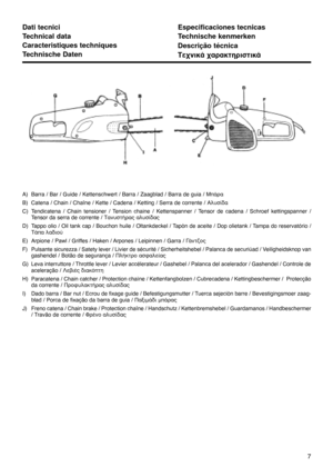 Page 7Dati tecnici
Technical data
Caracteristiques techniques
Technische DatenEspecificaciones tecnicas
Technische kenmerken
Descrição técnica
∆Â¯ÓÈÎ¿ ¯·Ú·ÎÙËÚÈÛÙÈÎ¿
A) Barra / Bar / Guide / Kettenschwert / Barra / Zaagblad / Barra de guia / ª¿Ú·
B) Catena / Chain / Chaîne / Kette / Cadena / Ketting / Serra de corrente / ∞Ï˘Û›‰·
C) Tendicatena / Chain tensioner / Tension chaine / Kettenspanner / Tensor de cadena / Schroef kettingspanner /
Tensor da serra de corrente / ∆·Ó˘ÛÙ‹Ú·˜ ·Ï˘Û›‰·˜
D) Tappo olio / Oil...