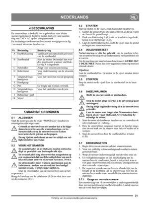 Page 3131
NEDERLANDSNL
Vertaling van de oorspronkelijke gebruiksaanwijzing
4 BESCHRIJVING
De sneeuwfrees is bedoeld om te gebruiken voor kleine 
sneeuwruimklussen dicht bij huizen met een vaste aanslui-
ting van 230 V AC op het energienetwerk.
De bediening van de sneeuwfrees wordt weergegeven in fig. 
1 en wordt hieronder beschreven.
5 MACHINE GEBRUIKEN
5.1 ALGEMEEN
Start de motor pas als de onder ‘MONTAGE’ beschreven 
maatregelen zijn uitgevoerd. 
Gebruik de sneeuwfrees niet zonder dat u de bijge-
sloten...