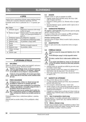 Page 6464
SLOVENSKOSL
Prevod izvirnih navodil
4 OPIS
Snežna freza je namenjena čiščenju snega manjšega obsega 
v bližini hiš z omrežno električno napetostjo 230 VAC.
Komande snežne freze so prikazane na sl. 1 in opisane spo-
daj.
5 UPORABA STROJA
5.1 SPLOŠNO
Nikoli ne zaženite motorja, dokler niste izpolnili vseh navo-
dil iz zgornjega poglavja SESTAVLJANJE. 
Nikoli ne uporabljajte stroja, ne da bi prej prebra-
li in razumeli navodila ter vse nalepke z opozorili 
in navodili, ki so na stroju in v tem...