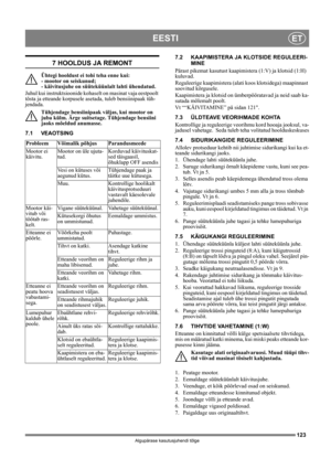 Page 123123
EESTIET
Algupärase kasutusjuhendi tõlge
7 HOOLDUS JA REMONT
Ühtegi hooldust ei tohi teha enne kui: 
- mootor on seiskunud; 
- käivitusjuhe on süüteküünlalt lahti ühendatud.
Juhul kui instruktsioonide kohaselt on masinat vaja eestpoolt 
tõsta ja etteande korpusele asetada, tuleb bensiinipaak tüh-
jendada.
Tühjendage bensiinipaak väljas, kui mootor on 
juba külm. Ärge suitsetage. Tühjendage bensiini 
jaoks mõeldud anumasse.
7.1 VEAOTSING7.2 KAAPIMISTERA JA KLOTSIDE REGULEERI-
MINE
Pärast pikemat...