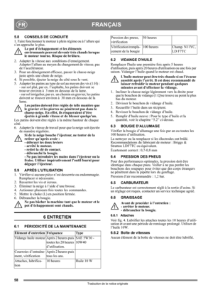 Page 5858
FRANÇAISFR
Traduction de la notice originale
5.8 CONSEILS DE CONDUITE
1. Faire fonctionner le moteur à plein régime ou à l’allure qui 
s’en approche le plus.
Le pot d’échappement et les éléments 
environnants peuvent devenir très chauds lorsque 
le moteur tourne. Risque de brûlure. 
2.  Adapter la vitesse aux conditions d’enneigement. 
Adapter l’allure au moyen du changement de vitesse, pas 
de l’accélérateur.
3.  Pour un déneigement efficace, passer le chasse-neige 
juste après une chute de neige.
4....