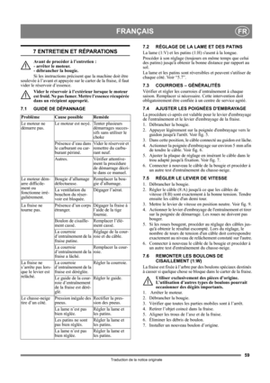 Page 5959
FRANÇAISFR
Traduction de la notice originale
7 ENTRETIEN ET RÉPARATIONS
Avant de procéder à l’entretien : 
- arrêter le moteur. 
- débrancher la bougie.
Si les instructions précisent que la machine doit être 
soulevée à l’avant et appuyée sur le carter de la fraise, il faut 
vider le réservoir d’essence.
Vider le réservoir à l’extérieur lorsque le moteur 
est froid. Ne pas fumer. Mettre l’essence récupérée 
dans un récipient approprié.
7.1 GUIDE DE DÉPANNAGE7.2 RÉGLAGE DE LA LAME ET DES PATINS
La lame...