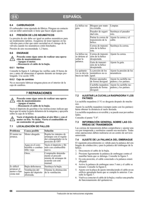 Page 6666
ESPAÑOLES
Traducción de las instrucciones originales
6.4 CARBURADOR
El carburador viene ajustado de fábrica. Póngase en contacto 
con un taller autorizado si tiene que hacer algún ajuste. 
6.5 PRESIÓN DE LOS NEUMÁTICOS
La presión de aire debe ser igual en ambos neumáticos para 
un rendimiento óptimo. Asegúrese de tener tapones en las 
válvulas para evitar que entre suciedad en el vástago de la 
válvula cuando los neumáticos estén hinchados. 
Presión de aire recomendada: 1,2 bares.
6.6 ENGRASE
Proceda...