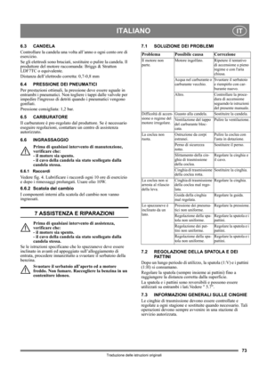 Page 7373
ITALIANOIT
Traduzione delle istruzioni originali
6.3 CANDELA
Controllare la candela una volta all’anno o ogni cento ore di 
esercizio.
Se gli elettrodi sono bruciati, sostituire o pulire la candela. Il 
produttore del motore raccomanda: Briggs & Stratton 
LDF7TC o equivalente.
Distanza dell’elettrodo corretta: 0,7-0,8 mm 
6.4 PRESSIONE DEI PNEUMATICI
Per prestazioni ottimali, la pressione deve essere uguale in 
entrambi i pneumatici. Non togliere i tappi dalle valvole per 
impedire lingresso di...