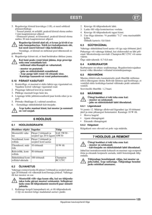 Page 125125
EESTIET
Algupärase kasutusjuhendi tõlge
5.  Reguleerige klotsid kruvidega (1:H), et need sobiksid 
pinnaseoludega: 
- Tasasel pinnal, nt asfaldil, peaksid klotsid olema umbes 
3 mm kaapimisterast allpool.
- Ebatasasel pinnal, nt kruusateel, peaksid klotsid olema 
umbes 30 mm kaapimisterast allpool.
Reguleerige klotsid alati nii, et kruus ja kivid ei sa-
tuks lumepuhurisse. Tekib tervisekahjustuste oht, 
kui need suurel kiirusel välja heidetakse. 
Veenduge, et klotsid on mõlemal pool ühtemoodi re-...