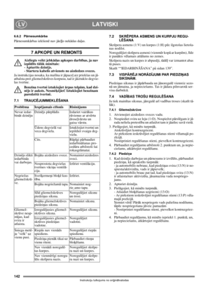 Page 142142
LATVISKILV
Instrukciju tulkojums no oriģinālvalodas
6.6.2 Pārnesumkārba
Pārnesumkārbas iekšienē nav jāeļļo nekādas daļas.
7 APKOPE UN REMONTS
Aizliegts veikt jebkādas apkopes darbības, ja nav 
izpildīts tālāk minētais: 
- Apturēts dzinējs. 
- Startera kabelis atvienots no aizdedzes sveces.
Ja instrukcijas nosaka, ka mašīna ir jāpaceļ aiz priekšas un jā-
atbalsta pret gliemežskrūves korpusu, tad ir jāiztukšo degvie-
las tvertne.
Benzīna tvertni iztukšojiet ārpus telpām, kad dzi-
nējs ir auksts....