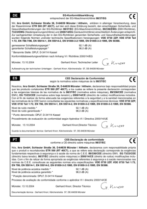 Page 11
EG-Konformitätserklärung
entsprechend der EG-Maschinenrichtlinie 98/37/EG
Wir,  ikra  GmbH,  Schlesier  Straße  36,  D-64839  Münster  /  Altheim
,   erklären  in  alleiniger  Verantwortung,  dass 
der Rasentrimmer  ETR 500 (RT 40CT), auf den sich diese Erklärung bezieht, den einschlägigen Sicherheits- und 
Gesundheitsanforderungen  der  EG-Richtlinien 98/37/EC (EG-Maschinenrichtlinie), 89/336/EWG  (EMV-Richtlinie), 73/23/EWG (Niederspannungsrichtlinie) und 2000/14/EG (Geräuschrichtlinie) einschließlich...