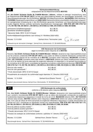 Page 11
EG-Konformitätserklärung
entsprechend der EG-Maschinenrichtlinie 98/37/EG
Wir,  ikra  GmbH,  Schlesier  Straße  36,  D-64839  Münster  /  Altheim
,   erklären  in  alleiniger  Verantwortung,  dass 
der Rasentrimmer ETR 350 (RT 30CT),  auf den sich diese Erklärung bezieht, den einschlägigen Sicherheits- und 
Gesundheitsanforderungen  der  EG-Richtlinien 98/37/EC (EG-Maschinenrichtlinie), 89/336/EWG  (EMV-Richtlinie), 73/23/EWG (Niederspannungsrichtlinie) und 2000/14/EG (Geräuschrichtlinie) einschließlich...