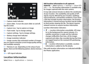 Page 1031 — Capture mode indicator
2  — Zoom slider. To turn the zoom slider on and off,
tap the screen.
3  — Capture icon. Tap to capture an image.
4  — Flash mode. Tap to change settings.
5  — Capture settings. Tap to change settings.
6  — Battery charge level indicator
7  — Image resolution indicator
8  — Image counter (the estimated number of images
you can capture using the current image quality setting
and available memory)
9  — Memory in use. Depend ing on the setup of your
device, there are the following...