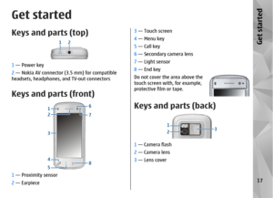 Page 17Get startedKeys and parts (top)1 — Power key
2  — Nokia AV connector (3.5 mm) for compatible
headsets, headphones, and TV-out connectorsKeys and parts (front)1  — Proximity sensor
2  — Earpiece
3 — Touch screen
4  — Menu key
5  — Call key
6  — Secondary camera lens
7  — Light sensor
8  — End key
Do not cover the area above the
touch screen with, for example,
protective film or tape.Keys and parts (back)1  — Camera flash
2  — Camera lens
3  — Lens cover
17Get started 