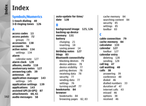 Page 162IndexSymbols/Numerics1-touch dialing 40
3-D ringing tones 126Aaccess codes 13
access points 72groups 73
accessories 138
accounts 56
active notes 134
settings 134
alarm
calendar note 127
alarm clock 128
albums, media 110
anniversary notes 127
answering calls 39
antennas 20
application manager 143
settings 145
application settings 139
applications 143
assisted GPS (A-GPS) 87
attachments 60, 61
audio messages 58
auto-update for time/
date 128Bbackground image 125, 126
backing up device
memory 131
battery...