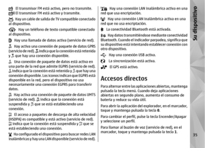 Page 203   El transmisor FM está activo, pero no transmite. El transmisor FM está activo y transmite.   Hay un cable de salida de TV compatible conectado
al dispositivo.   Hay un teléfono de texto compatible conectado
al dispositivo.   Hay una llamada de datos activa (servicio de red).   Hay activa una conexión  de paquete de datos GPRS
(servicio de red). 
 i n d i c a  q u e  l a  c o n e x i ó n  e s t á  r e t e n i d a
y 
 que hay una conexión disponible.   Una conexión de paquet e de datos está activa en...