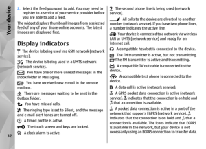 Page 322.Select the feed you want to add. You may need to
register to a service of yo ur service provider before
you are able to add a feed.
The widget displays thumbn ail images from a selected
feed of any of your Share  online accounts. The latest
images are displayed first.Display indicators   T h e  d e v i c e  i s  b e i n g  u s ed in a GSM network (network
service).   The device is being used in a UMTS network
(network service).   You have one or more unread messages in the
Inbox folder in Messaging....