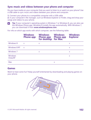 Page 102Sync music and videos between your phone and computer
Do you have media on your computer that you want to listen to or watch on your phone? Use a USB cable to sync music and videos between your phone and computer.
1. Connect your phone to a compatible computer with a USB cable.2. In your computer's file manager, such as Windows Explorer or Finder, drag and drop your songs and videos to your phone.
Tip: If your computer's operating system is Windows 7 or Windows 8, you can also use the Windows...