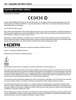 Page 124Copyright and other notices
DECLARATION OF CONFORMITY
Hereby, NOKIA CORPORATION declares that this RM-596 product is in compliance with the essential requirements and other
relevant provisions of Directive 1999/5/EC. A copy of the Declaration of Conformity can be found at http://www.nokia.com/
phones/declaration_of_conformity/.
© 2011 Nokia. All rights reserved.
Nokia, Nokia Connecting People, Nseries, Nokia Original Accessories logo, and Ovi are trademarks or registered trademarks of
Nokia Corporation....