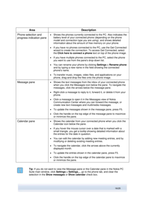 Page 16 
16/25  
Area Description 
Phone selection and 
progress indication pane 
 Shows the phones currently connected to the PC. Also indicates the 
battery level of your connected phone (depending on the phone 
model and connection type you are using), and shows detailed 
information about the amount of free memory on your phone. 
 If you have no phones connected to the PC, use the Get Connected 
wizard to create the connection. To access Get Connected, select 
the Click here to connect a phone text on top...