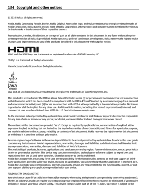 Page 134© 2010 Nokia. All rights reserved.
Nokia, Nokia Connecting People, Eseries, Nokia Original Accessories logo, and Ovi are trademarks or registered trademarks of
Nokia Corporation. Nokia tune is a sound mark of Nokia Corporation. Other product and company names mentioned herein may
be trademarks or tradenames of their respective owners.
Reproduction, transfer, distribution, or storage of part or all of the contents in this document in any form without the prior
written permission of Nokia is prohibited....