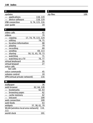 Page 140U
updates
— applications 118, 119— device software 118, 119USB connection 9, 74, 115, 116user guide 19
V
video calls 42
videos 79— copying 17, 74, 79, 115, 124— editing 74, 75— location information 68— playing 79— recording 69— sending 69, 113— sharing 50, 51, 65, 70, 73— watching 71— watching on a TV 76, 77virtual keyboard 26virtual keypad 27voice callsSee calls
voice commands 45
volume control 10VPN (virtual private network) 116
W
wallpaper 36
web browser 62, 64, 128— bookmarks 62, 63— browsing pages...