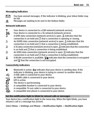 Page 31Messaging indicators
You have unread messages. If the indicator is blinking, your Inbox folder may
be full.
Messages are waiting to be sent in the Outbox folder.
Network indicators
Your device is connected to a GSM network (network service).Your device is connected to a 3G network (network service).
A GPRS data connection (network service) is open.  indicates that the
connection is on hold and  that a connection is opening or closing.An EGPRS data connection (network service) is open.  indicates that...