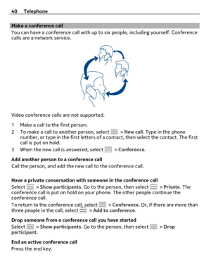 Page 40Make a conference call
You can have a conference call with up to six people, including yourself. Conference
calls are a network service.
Video conference calls are not supported.
1 Make a call to the first person.
2 To make a call to another person, select 
 > New call. Type in the phone
number, or type in the first letters of a contact, then select the contact. The first
call is put on hold.
3 When the new call is answered, select 
 > Conference.
Add another person to a conference call
Call the person,...