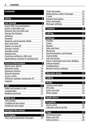 Page 2Contents
Safety4
Get started5
Insert SIM card and battery 5
Insert a microSD card5Remove the microSD card 6Charge the battery6Antenna6Headset 7Magnets and magnetic fields 7Keys and parts7Switch on and off 8Volume control8Standby mode  8Keypad lock9Functions without a SIM card 9Applications running in background 9
General information 9
About your device 9
Network mode10Network services10Shared memory10Access codes10Software updates using your PC 11Support 11
Calls12
Make and answer a call 12...