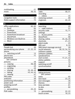 Page 84multitasking 21music 50, 52
N
navigation tools 56
Nokia support information 72
O
office applications 62, 63
— Excel 64— OneNote 65— PowerPoint 65— PowerPoint broadcast 66— SharePoint 66— Windows Live SkyDrive 66— Word 63
P
People hub 30
personalizing your phone 21, 22, 23phone— switching on/off 12phone lock 71phonebookSee contactspictures 48— copying 50, 68— organizing 49— sending 46— sharing 35, 46, 49— taking 43, 44, 45— viewing 47PIN codes 15podcasts 50positioning information 56power save 27powering...