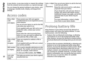 Page 12in your device, or you may receive or request the settings
from the network service providers as a special message.
You can change the general settings in your device, such
as language, standby mode, display, and keypad lock
settings.Access codesPIN or PIN2
code
(4-8 digits)These protect your SIM card against
unauthorised use or are required to access
some features.
You can set your device to ask for the PIN
code when you switch it on.
If not supplied with your SIM card or you
forget the codes, contact...