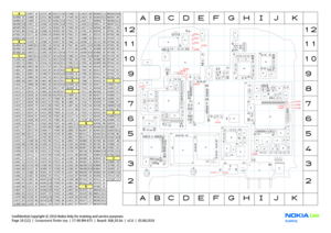 Page 10Confidential Copyright © 2010 Nokia Only for training and service pur\
poses
Page 10 (12)  |  
Component finder top  |  C7-00 RM-675  |  Board: 3GB_05.0a  |  v2.0  |  03.08.2010      
C1497 I4 C2231 A8 C6212 I10 C7548 C3 L2423 D8 R1604 C11 R6504 H10
A1400 I6 C1498 I4 C2251 B6 C6300 C9 C7549 B3 L2424 E8 R1605 D11 R6505 H9
A2000 B7 C1500 I5 C2252 B7 C6301 E10 C7553 F4 L2425 E7 R2004 F9 R6506 G11
A6200 I10 C1501 J4 C2266 C6 C6501 G10 C7559 F4 L2426 C12 R2011 F9 R6507 G11
A6500 H9 C1515 J7 C2267 C6 C6502 H9...