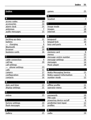 Page 35Index
A
access codes 10
accessories 24alarm clock 25antennas 7audio messages 15
B
backing up data 22
battery 5— charging 6Bluetooth 22browser 20business cards 16
C
cable connection 9
call log 20call settings— phone settings 23calls 11camera 17configuration 24contacts 16
D
date and time 21
display settings 21
E
extras 25
F
factory settings 24
flash messages 15
G
Gallery 25
games 25
H
headset 7
I
image mode 17
images 18internet 20
K
keyguard 10
keypad lock 10keys and parts 6
M
memory card 8
menus 13message...