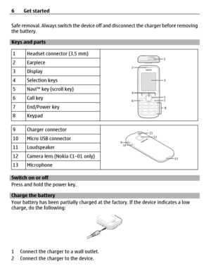 Page 6Safe removal. Always switch the device off and disconnect the charger before removing
the battery.
Keys and parts
1
Headset connector (3.5 mm)
2Earpiece
3Display
4Selection keys
5Navi™ key (scroll key)
6Call key
7End/Power key
8Keypad
9Charger connector
10Micro USB connector
11Loudspeaker
12Camera lens (Nokia C1–01 only)
13Microphone
Switch on or off
Press and hold the power key.
Charge the battery
Your battery has been partially charged at the factory. If the device indicates a low
charge, do the...