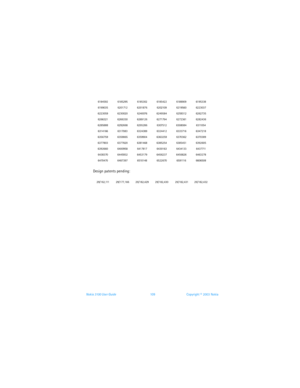 Page 116Nokia 3100 User Guide 109Copyright © 2003 Nokia
Design patents pending:
618459261852956185302618542261889096195338
619903562017126201876620210962195606223037
622305962300206240076624958462593126262735
626632162663306269126627179462723616282436
628588862926686295286630751263080846311054
631416663170836324389632441263337166347218
635675963598656359904636325963703626370389
637780363778206381468638525463854516392605
639266064009586417817643016364341336437711
643837064459326453179645623764568266463278...